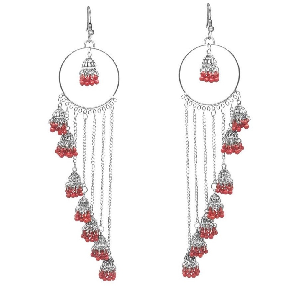 Elegant Silver Colour and Red Kashmiri Earrings